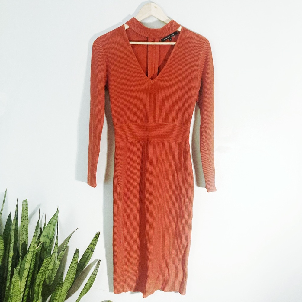 ENDLESS ROSE Women’s Size M BODYCON ribbed orange/red zip back MIDI DRESS